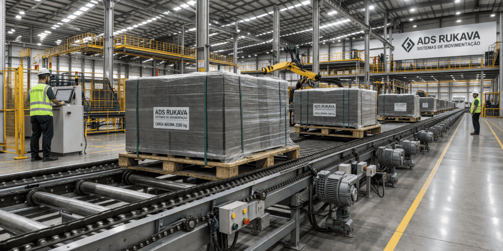 Transportador por correntes industrial para movimentação de paletes pesados em linha automatizada de produção