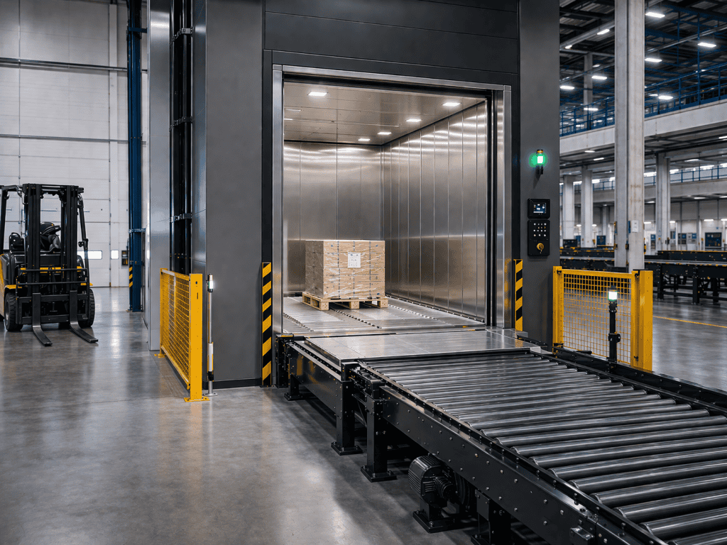 Movimentação vertical industrial integrada a linhas de produção