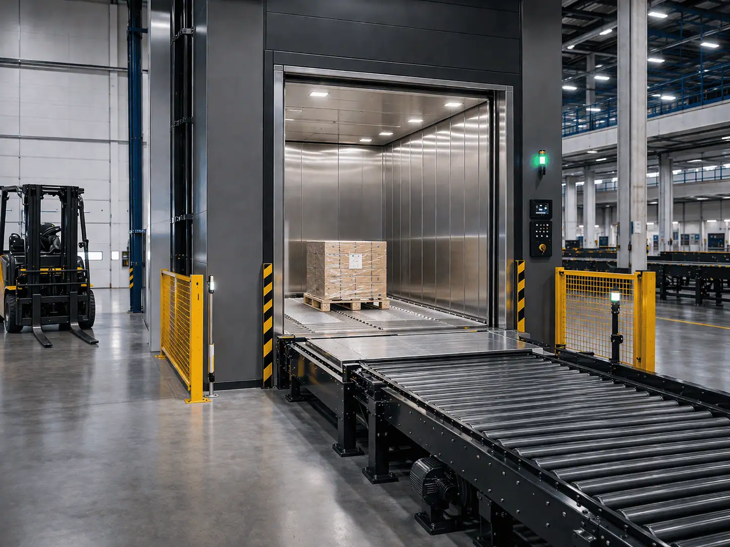 movimentação vertical industrial automatizada com elevador de carga integrado e roletes acionados