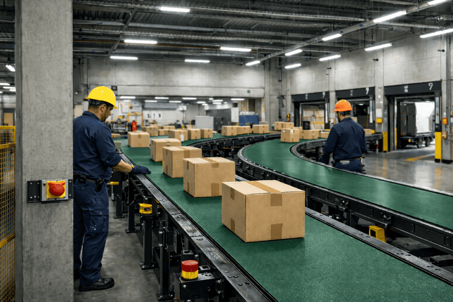 Esteira de expedição logística industrial transportando caixas em linha contínua dentro de centro de distribuição