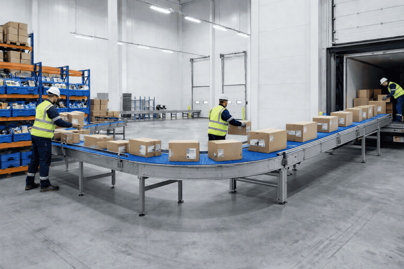 Esteira para expedição logística telescópica com picking e carregamento de caminhão em centro de distribuição