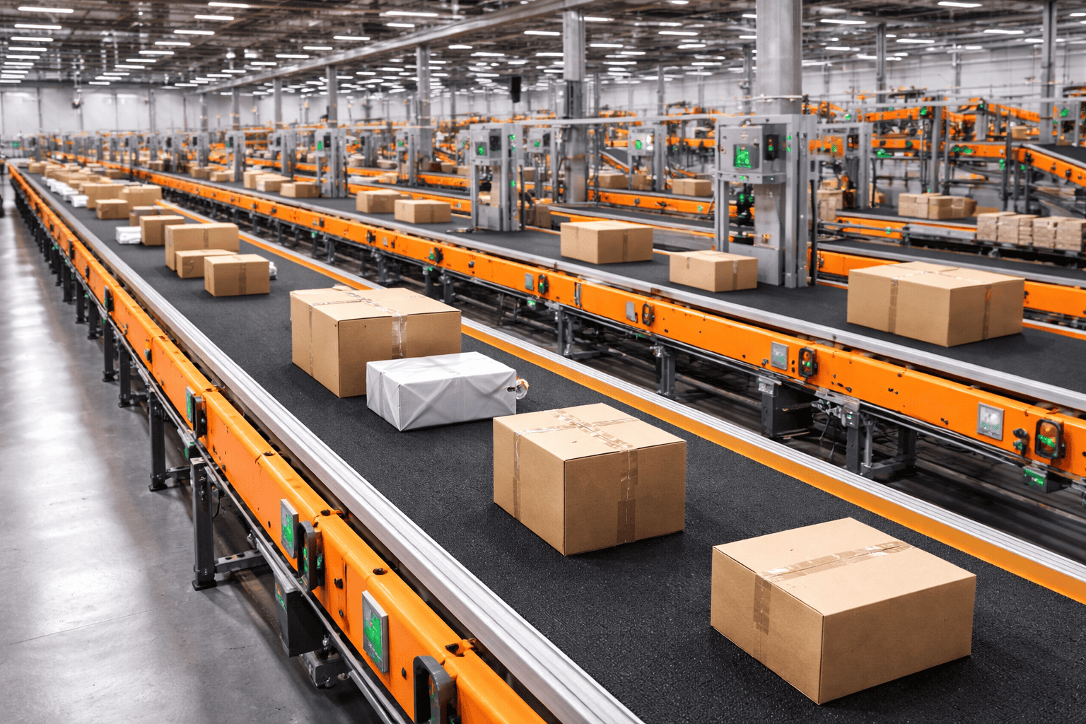 esteira transportadora em centro de distribuição com automação movimentando caixas e pacotes