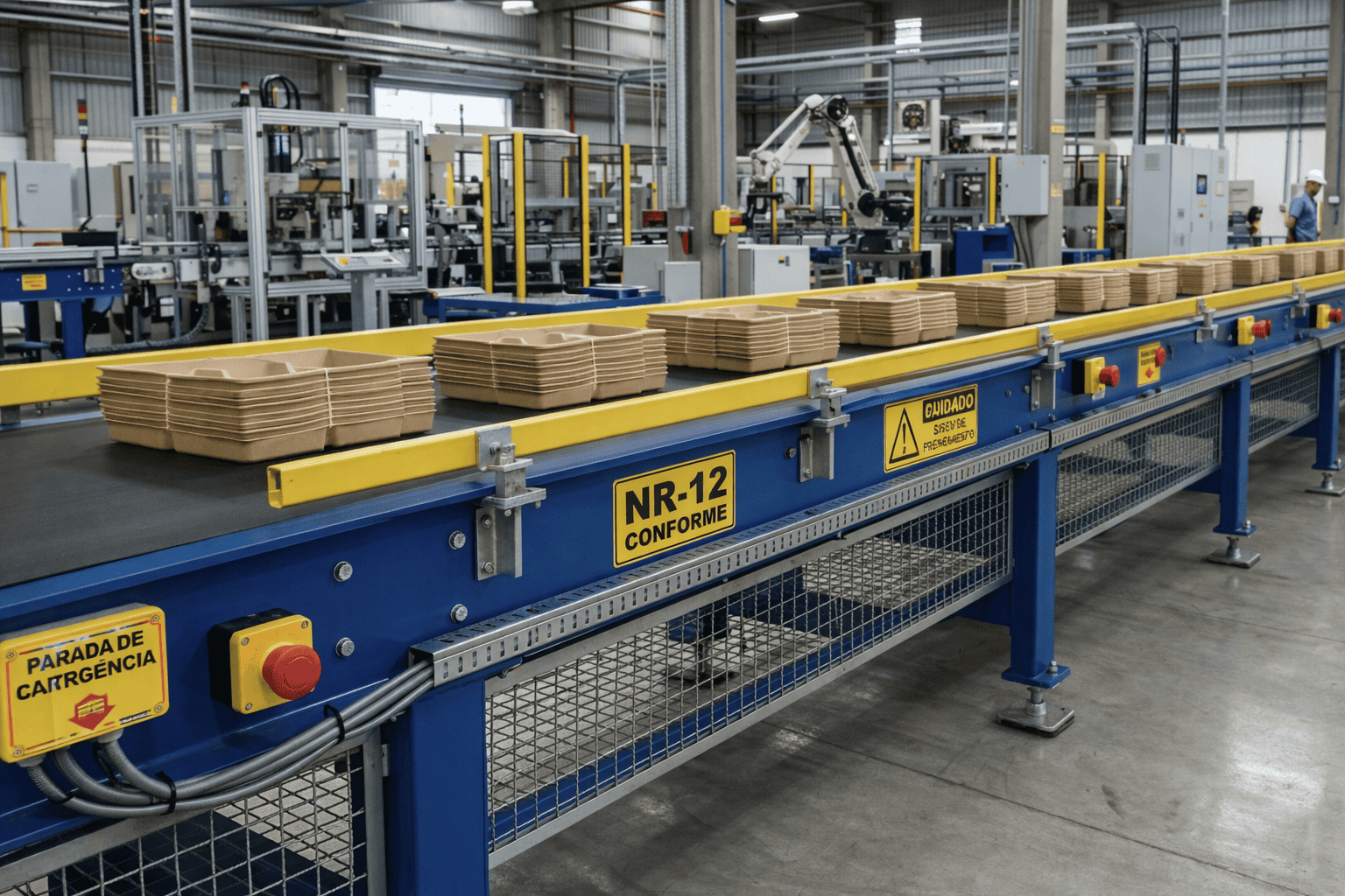 Esteira transportadora de correia preta em indústria de embalagens descartáveis com sistema conforme NR-12 e transporte automatizado