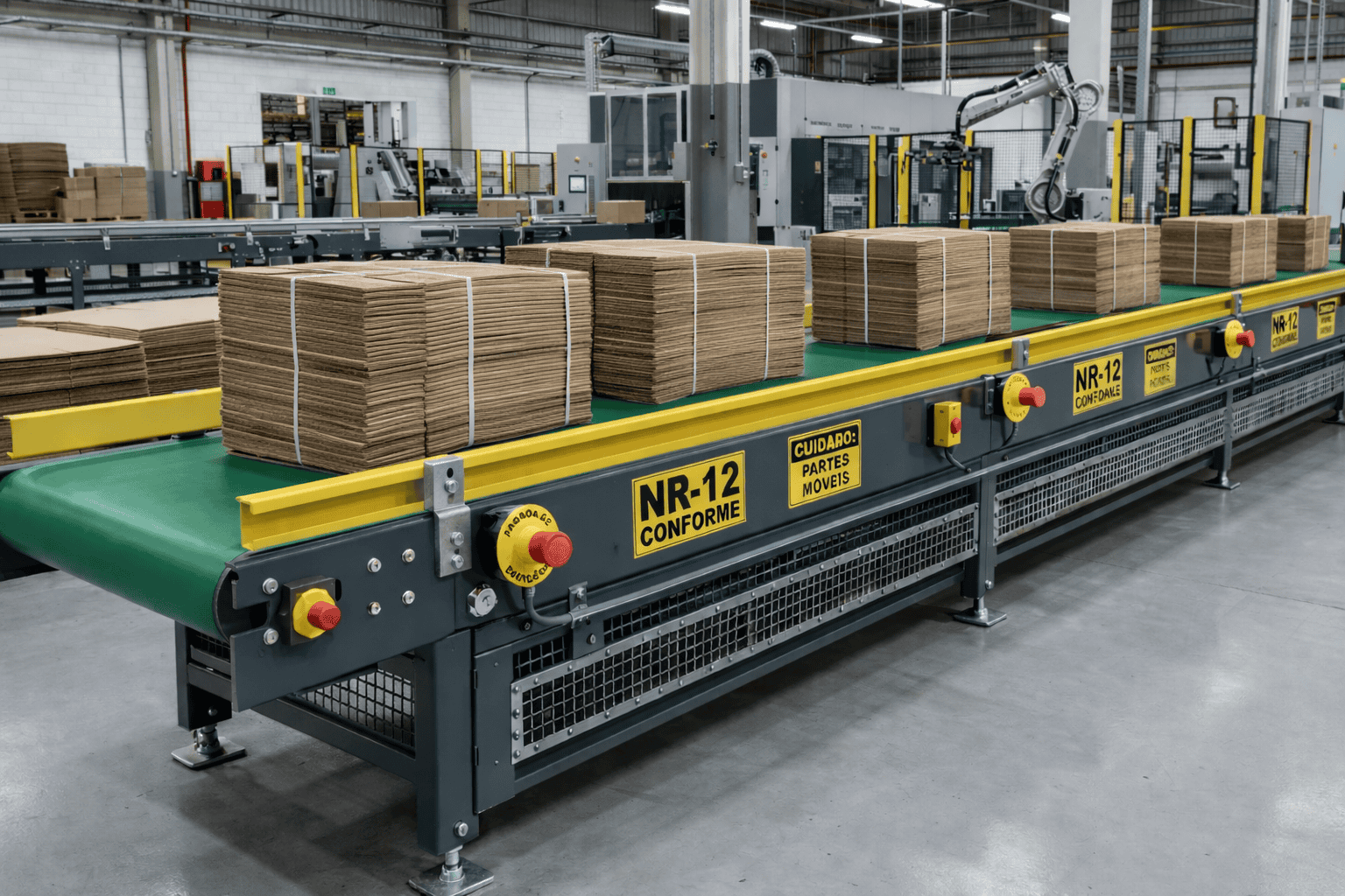 Esteira transportadora de correia verde em indústria de embalagens de papel com caixas sendo transportadas, sistema conforme NR-12
