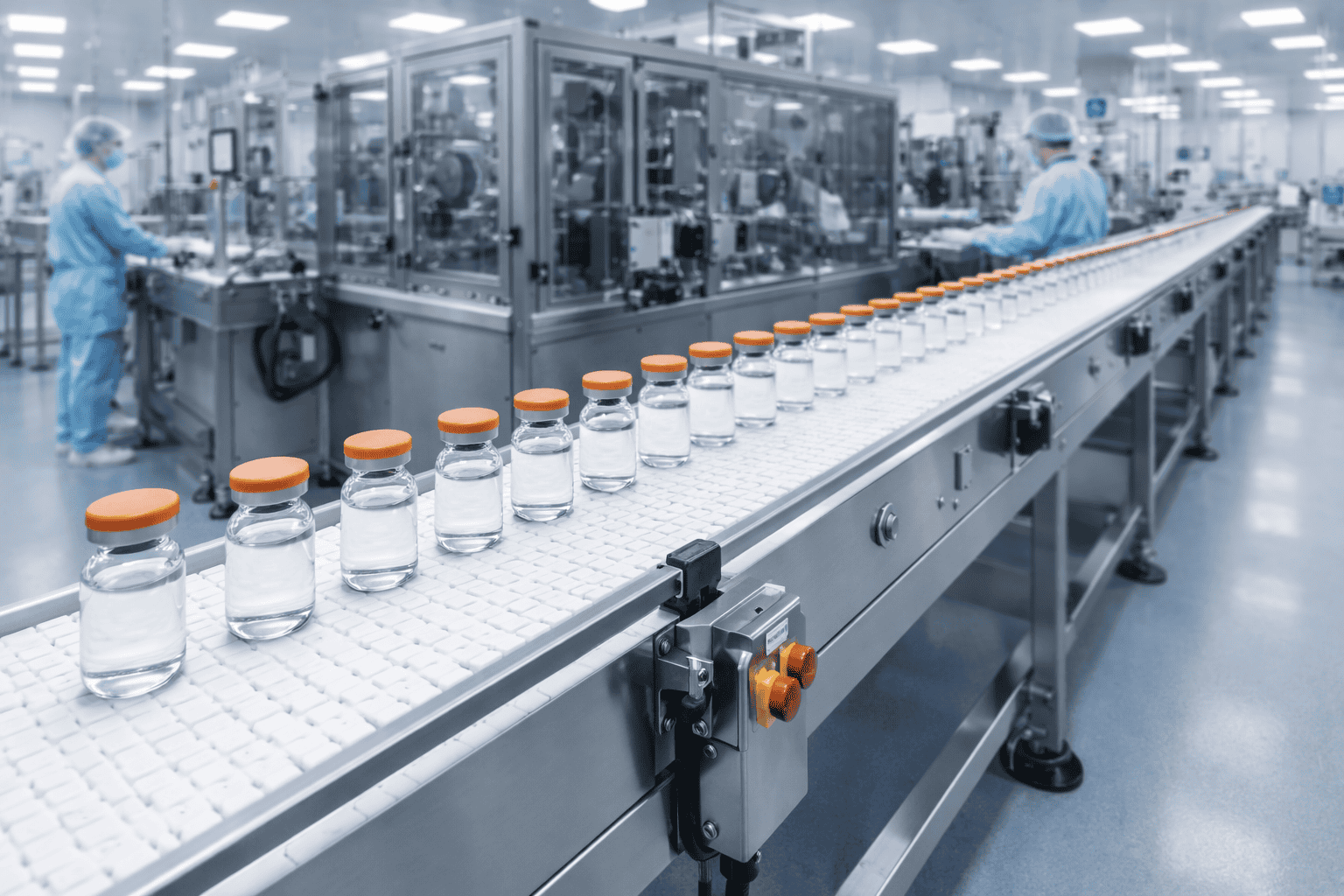 esteira transportadora reta em aço inox com correia modular na indústria farmacêutica transportando frascos em linha automatizada