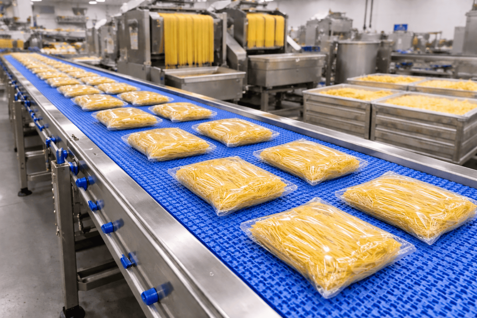 Esteira transportadora em inox com correia modular azul transportando pacotes de massas em indústria alimentícia automatizada