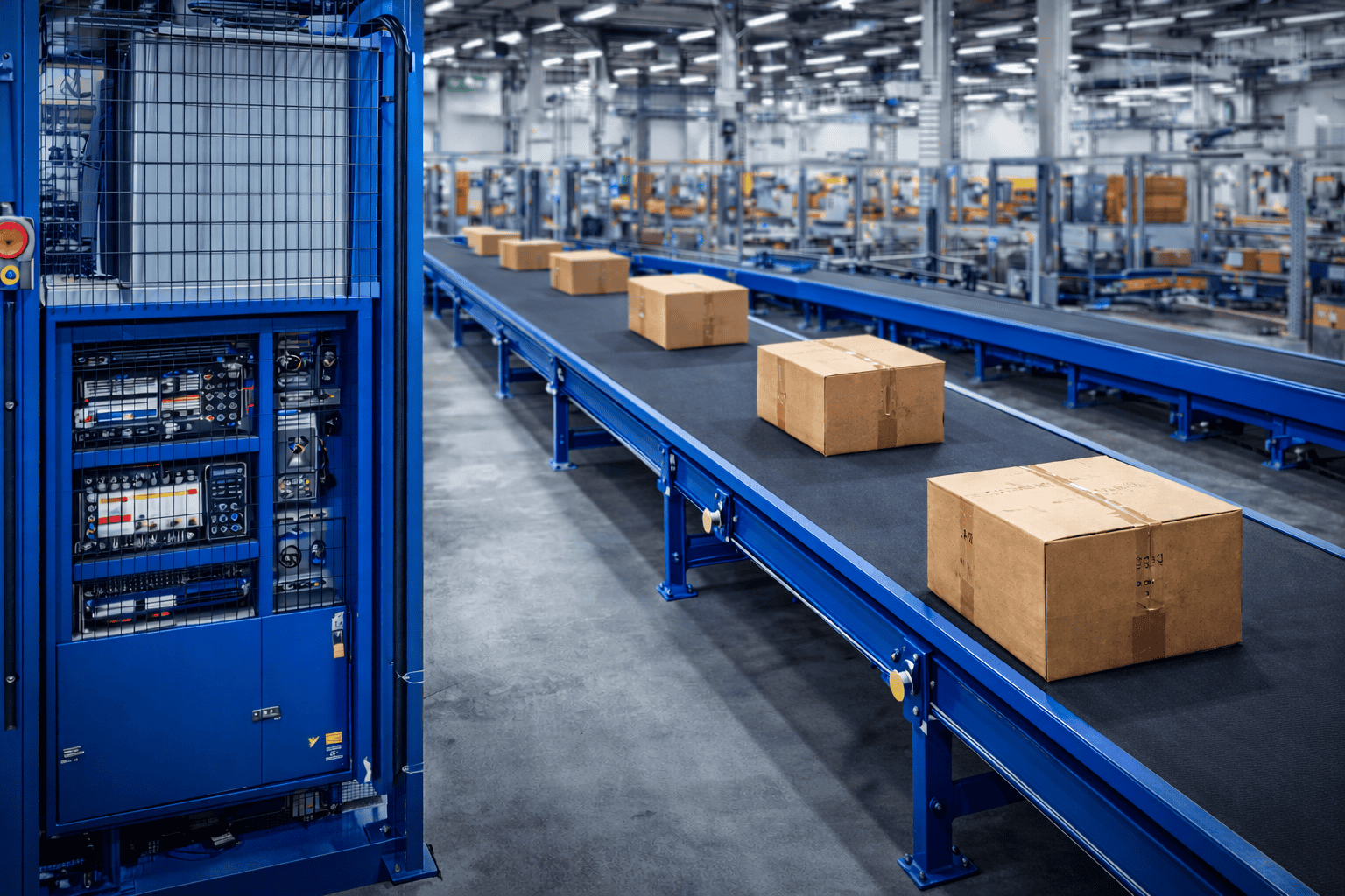 Esteira transportadora industrial para operadores logísticos com sistema automatizado em centro de distribuição conforme normas NR12 e NR10