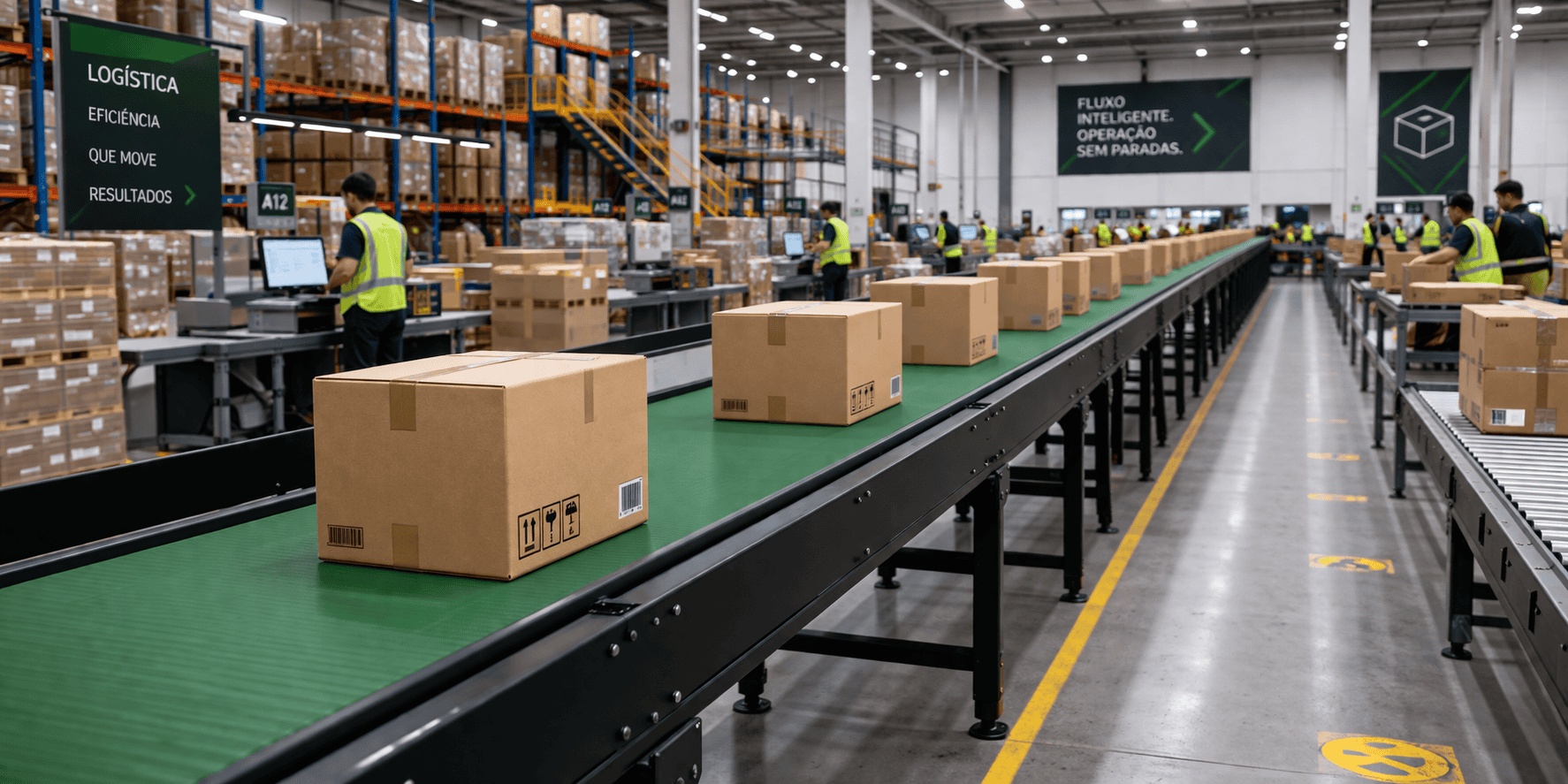 Transportador de correia para logística industrial movimentando caixas em centro de distribuição