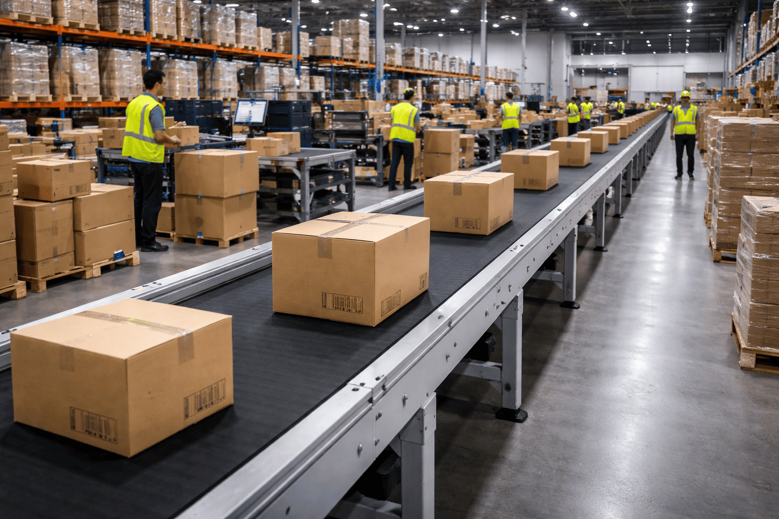 Transportador de correia em operação logística industrial movimentando caixas em centro de distribuição