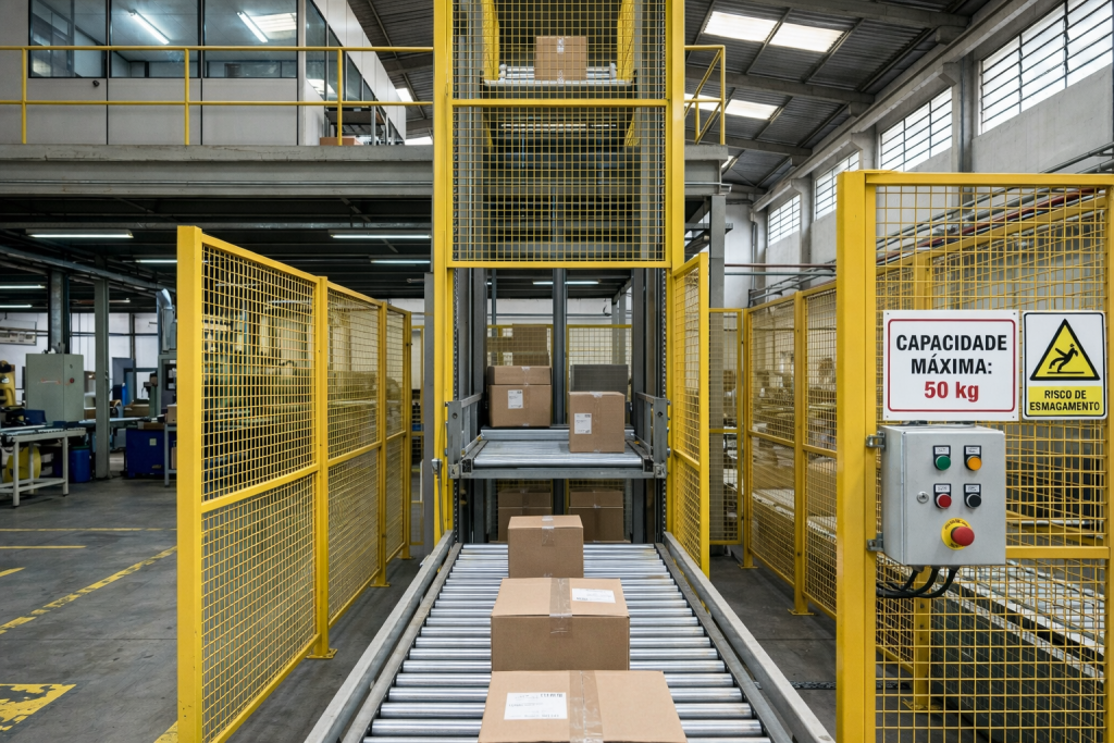 transportador vertical de carga industrial em operação