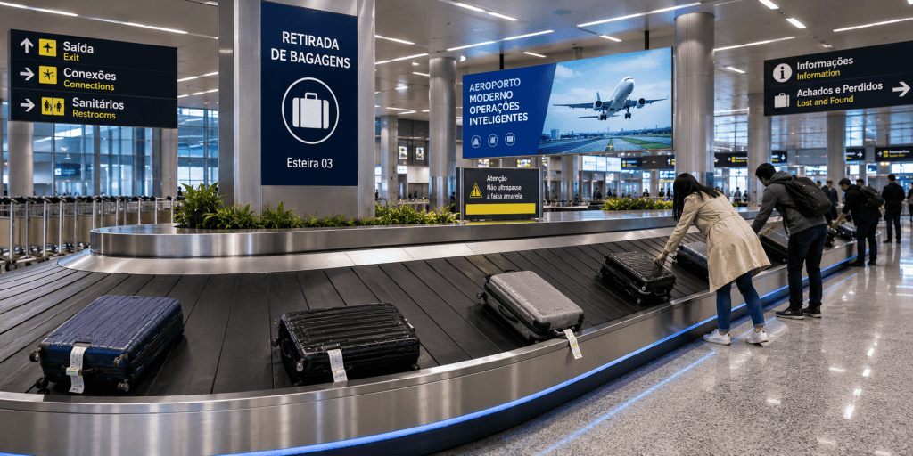 Sistema automatizado de carrossel de bagagens para aeroportos com placas inclinadas, integração BHS e fluxo contínuo de malas em área de desembarque
