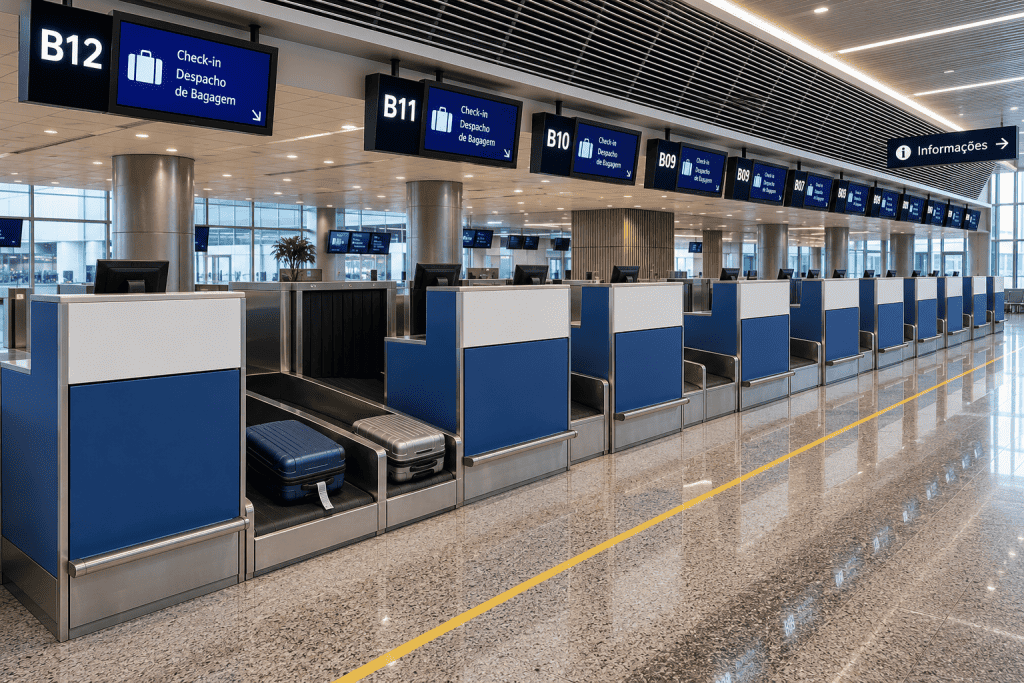 Sistema automatizado de check-in aeroportuário com esteiras de despacho de bagagens e integração logística BHS.