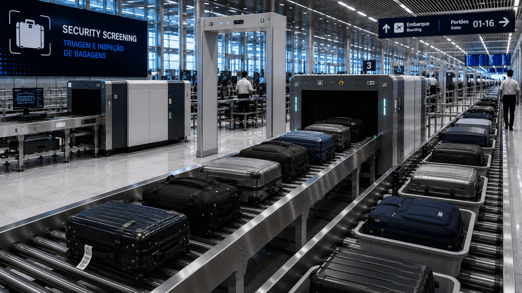 Sistema automatizado de triagem e inspeção de bagagens em aeroportos com integração BHS e fluxo contínuo de malas em linhas de segurança aeroportuária