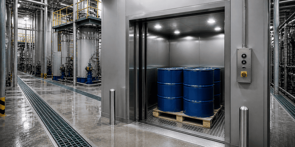 elevador de carga para ambientes corrosivos transportando tambores químicos em indústria química com estrutura anticorrosiva