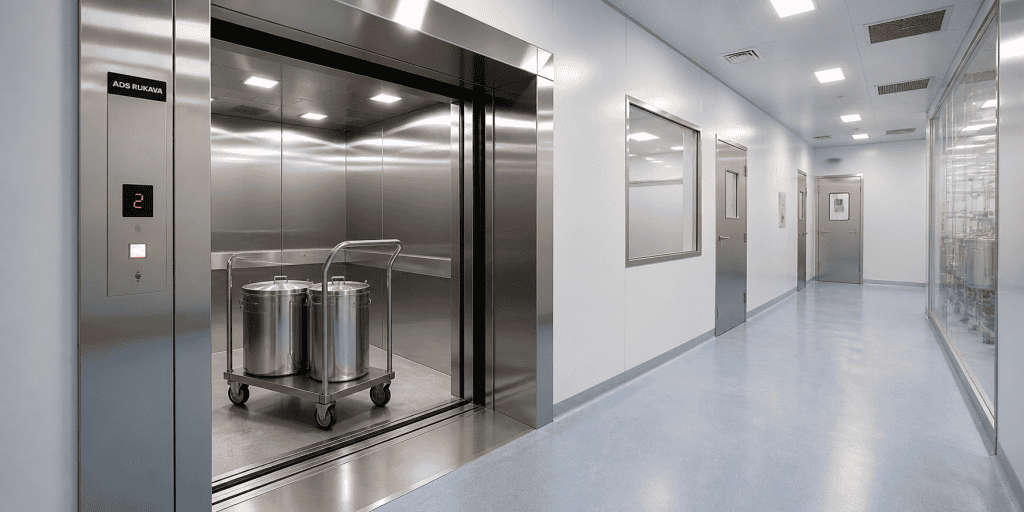 Elevador de carga para área limpa em ambiente industrial farmacêutico com cabine inox e operação em corredor clean room