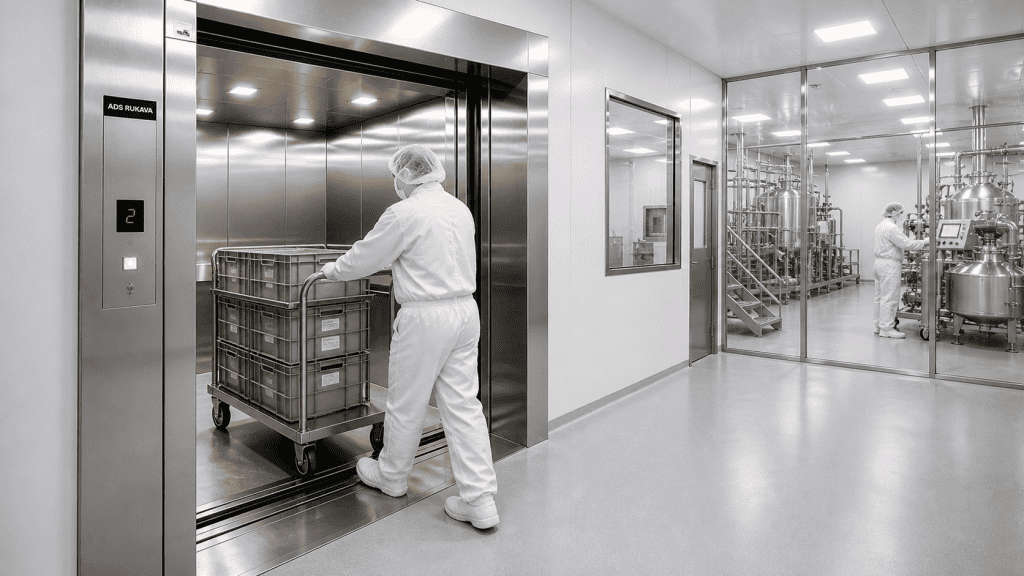 Elevador de carga em aço inox para áreas limpas na indústria farmacêutica com operação em ambiente clean room controlado