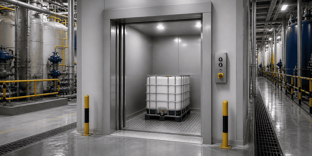 elevador de carga para ambientes corrosivos com pallet IBC em indústria química e estrutura anticorrosiva