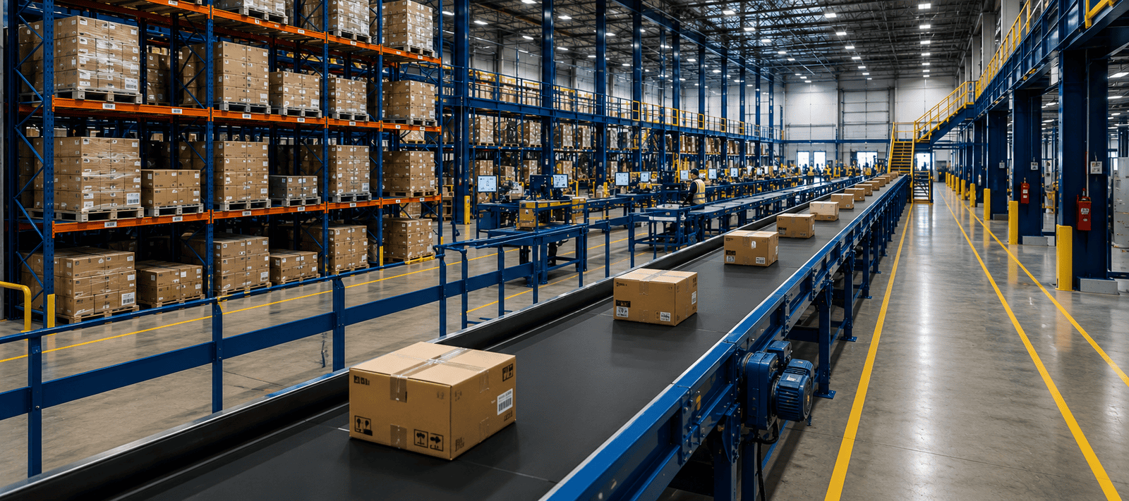 Movimentação de materiais em centro de distribuição com esteira transportadora industrial e fluxo logístico eficiente