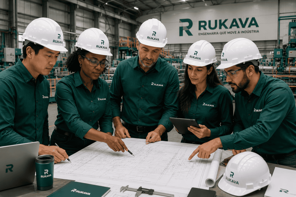 Equipe multidisciplinar de engenheiros da RUKAVA analisando projeto executivo em ambiente industrial, utilizando capacetes de segurança e uniformes corporativos durante o desenvolvimento de soluções para movimentação de materiais.