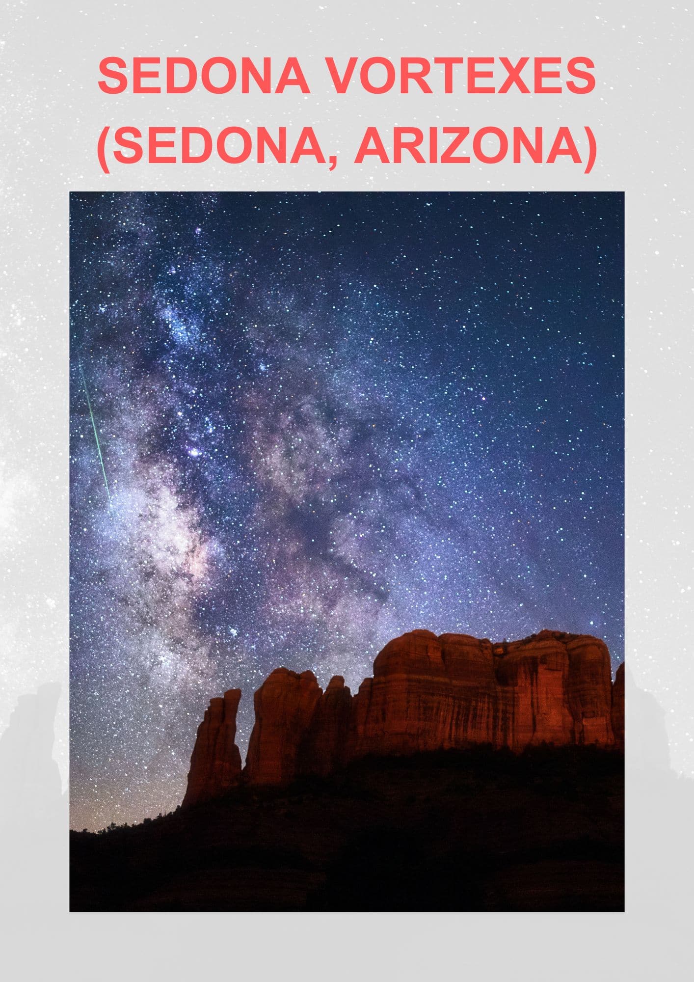 The majestic red rock formations of Sedona's vortices stand in silhouette against a dazzling night sky filled with stars and the Milky Way. A shooting star streaks through the heavens, adding a sense of wonder to the tranquil and spiritual landscape.
