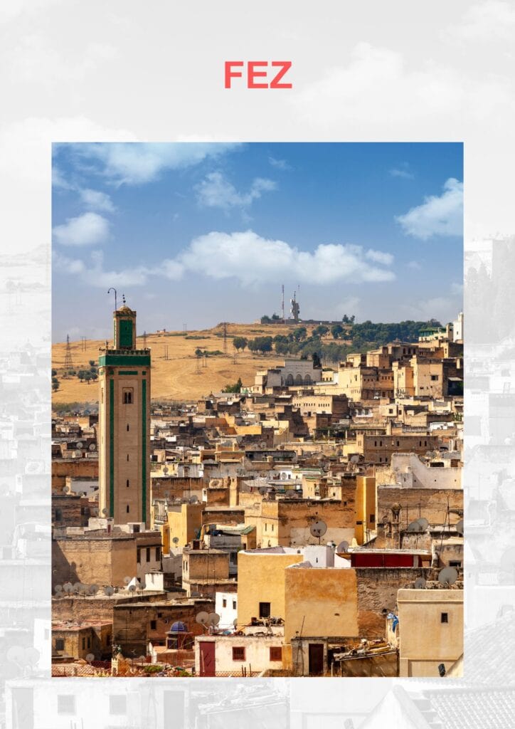 Unveiling the Sacred Sites in Morocco! An urban landscape of Fez, with densely packed beige and yellow buildings, punctuated by a green-roofed tower, under a blue sky with scattered clouds, reflecting the historic and cultural depth of the city.