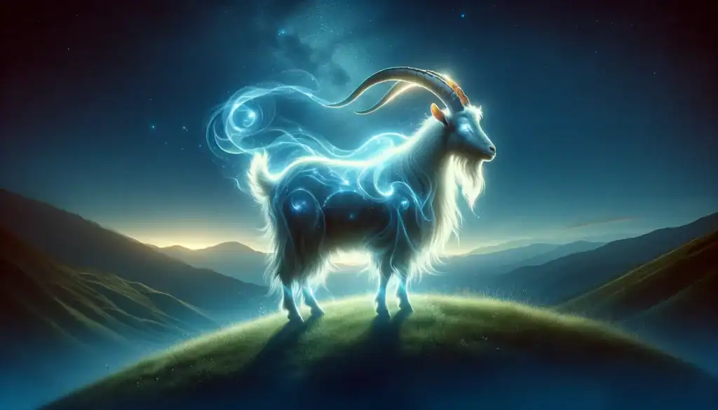 A majestic digital illustration of a goat spirit animal, depicted with ethereal, glowing outlines resembling celestial constellations against a starlit sky. Its long, flowing mane and beard are crafted with swirls of light, imbuing the scene with a sense of magic and mystery. The goat stands atop a grassy hill with a tranquil dawn breaking over a mountainous horizon, embodying guidance and wisdom as a spirit animal in a serene natural setting.