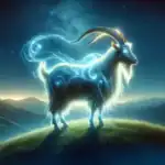 A majestic digital illustration of a goat spirit animal, depicted with ethereal, glowing outlines resembling celestial constellations against a starlit sky. Its long, flowing mane and beard are crafted with swirls of light, imbuing the scene with a sense of magic and mystery. The goat stands atop a grassy hill with a tranquil dawn breaking over a mountainous horizon, embodying guidance and wisdom as a spirit animal in a serene natural setting.