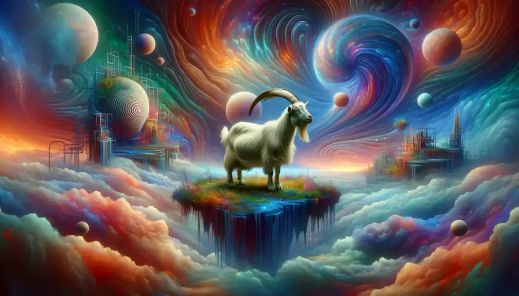 A surrealistic artwork capturing 'Goat Dreams and Their Symbolic Meaning', featuring a serene goat on a floating island amidst a cosmic dreamscape. Swirling nebulas, celestial bodies, and fantastical structures envelop the background, evoking a sense of wonder and the deep subconscious connections to the symbolic goat, often associated with ambition and achievement in dream interpretations.