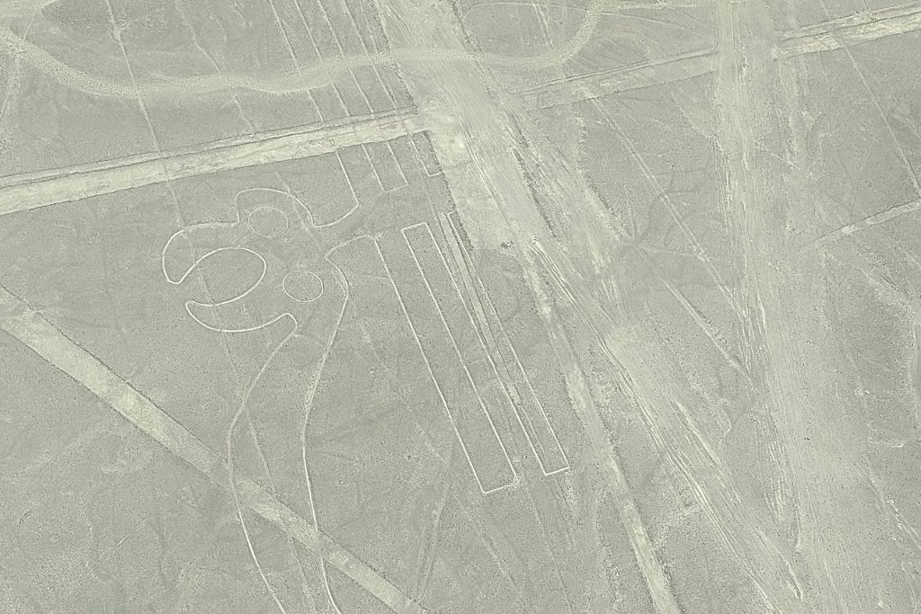 Why are the Lines of Nazca a Mystery of Peru? An aerial shot captures the intricate figure of the Nazca Lines 'colibry' geoglyph with its branches stretching outward, as seen from the vantage point of an aircraft with its wing in the frame, against the backdrop of the Peruvian desert's textured surface.