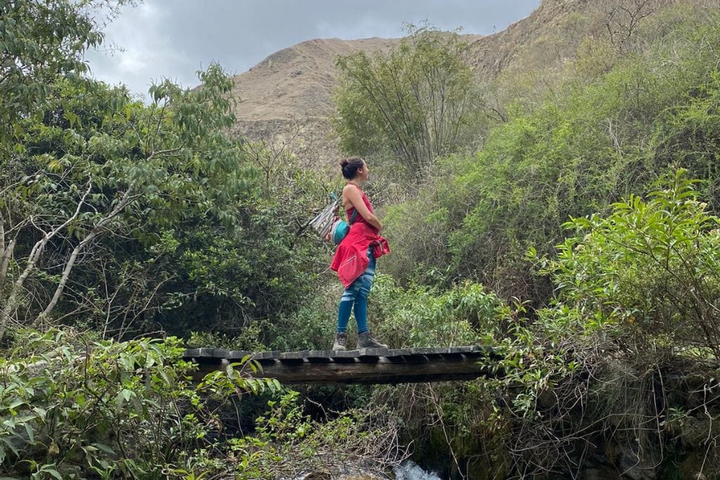 How to Find Your Spirit Animal? (A Complete Guide + Quiz) A hiker stands on a wooden bridge amidst lush greenery, looking out over a stream and toward a hill in the distance. She wears a bright pink top, blue leggings, and carries a red bag, blending into the natural setting of the trail.