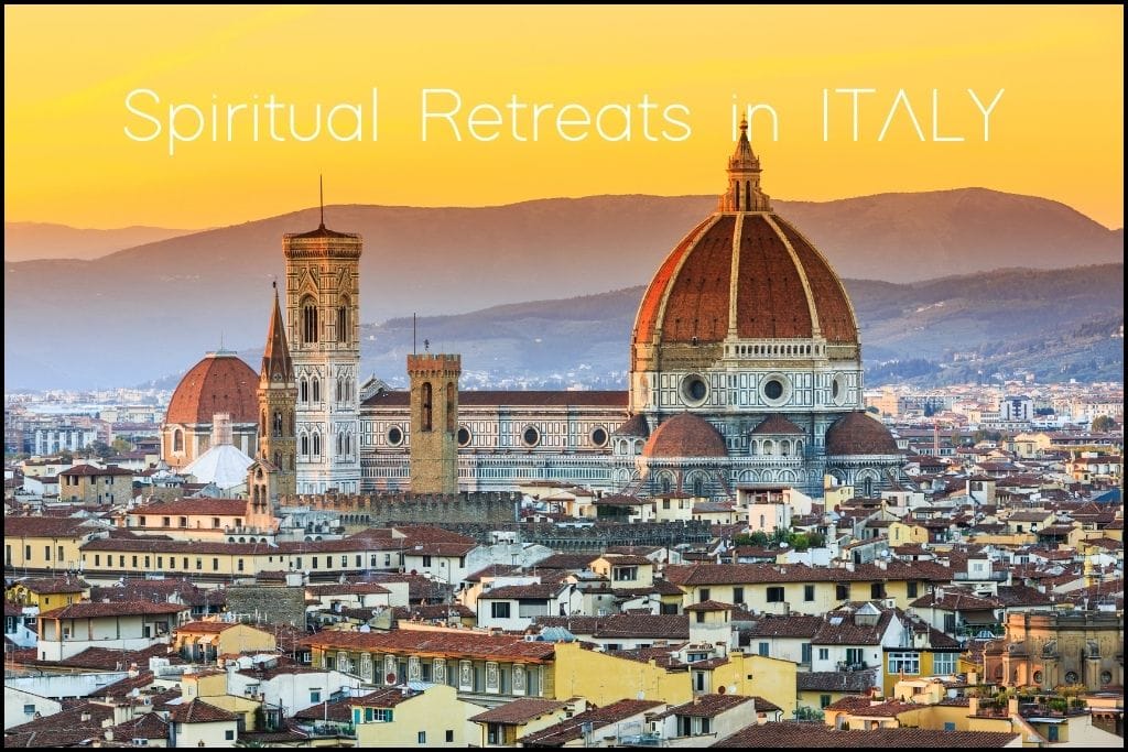 Promotional image for Spiritual Retreats in Italy, showcasing a golden sunset over the iconic Florence Cathedral and surrounding historic buildings.