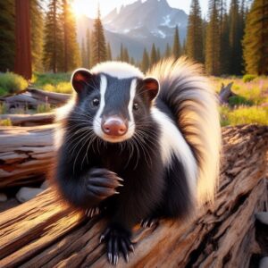 A skunk perched atop a fallen tree trunk, its distinctive black and white fur contrasting against the brown bark.