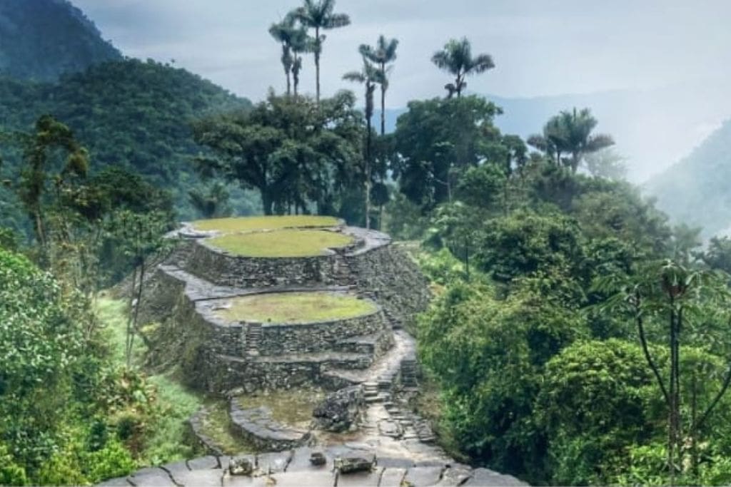 This image depicts the ancient ruins of Ciudad Perdida, also known as the Lost City, nestled in the lush, mist-covered mountains of the Sierra Nevada de Santa Marta in Colombia. The stone terraces and steps are partially covered by vegetation, blending harmoniously with the surrounding dense jungle.