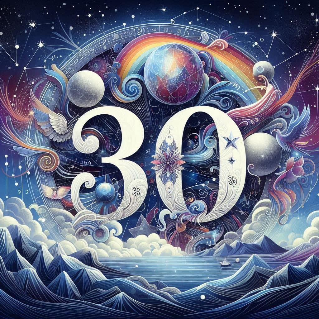 Numerology Website with FREE Accurate Calculator! The image shows the numerology number 30 in a stylized, decorative font. The number is bold and prominently placed in the center of the image. The background features subtle, mystical patterns that enhance the spiritual and esoteric theme of numerology.