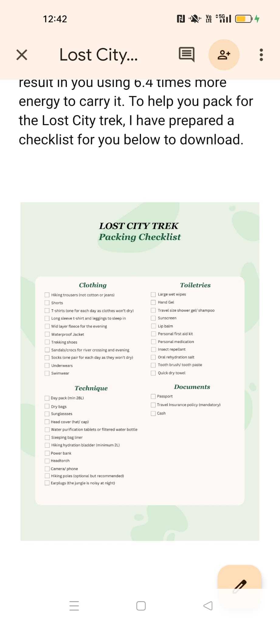 How to Get to the Lost City Colombia? My Personal Experience in 2026! A packing checklist for the Lost City trek, divided into categories including Clothing, Toiletries, Technique, and Documents, listing essential items like hiking trousers, wet wipes, a day pack, and a passport.