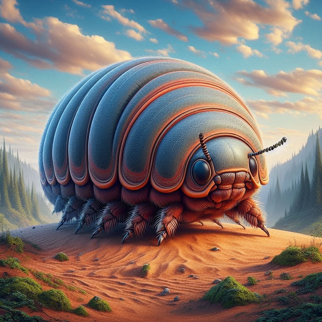 Roly Poly Spiritual Meaning | Power, Spirit, and Totem Animal A detailed, colorful illustration of a large, adorable roly-poly bug with a segmented, blue and orange shell. The bug has big, expressive eyes and intricate, patterned antennae. It stands on a sandy terrain with patches of greenery, surrounded by a picturesque landscape of rolling hills and a clear, blue sky with scattered clouds. The scene has a fantastical, yet realistic quality, with vivid colors and meticulous details. Image used for the article roly poly spiritual meaning.
