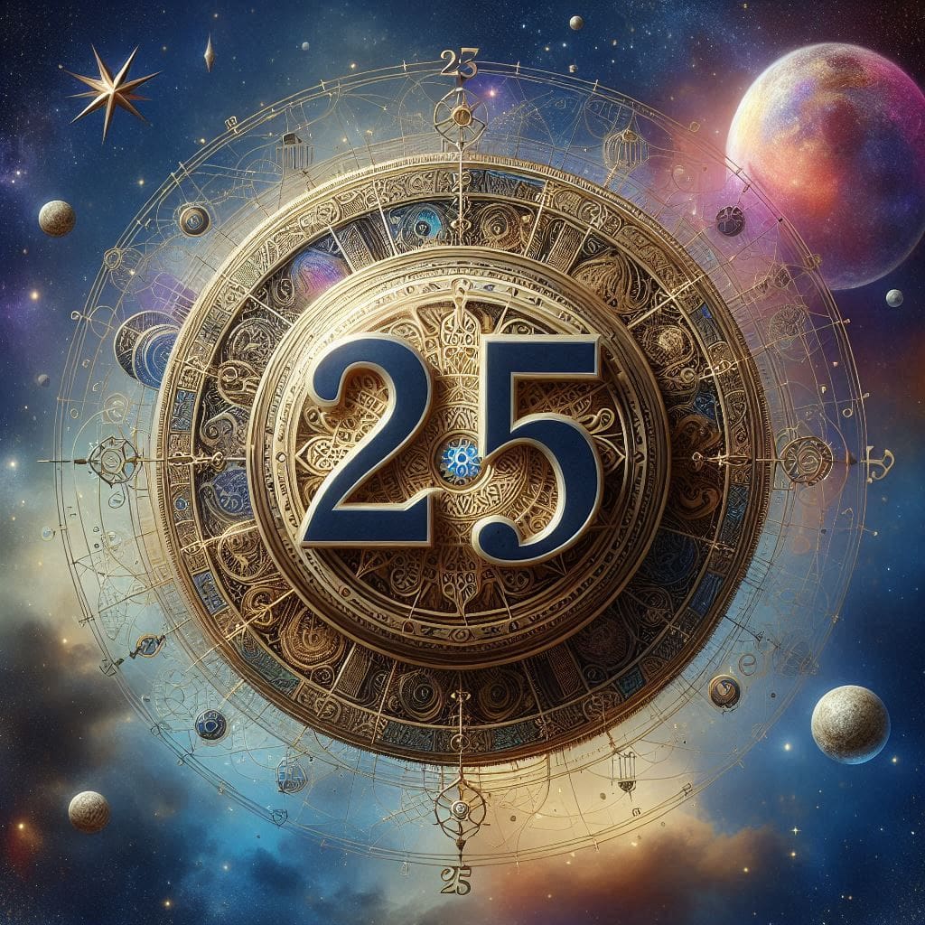 Numerology Website with FREE Accurate Calculator! The number 25, prominently displayed in large, elegant numerals. The background features an ethereal mix of swirling galaxies, stars, and planetary bodies against a deep space setting. Surrounding the number are mystical symbols and numerical sequences, enhancing the image's otherworldly feel.