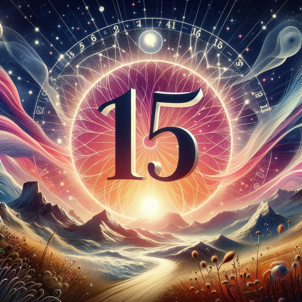 Numerology Website with FREE Accurate Calculator! A vibrant and mystical illustration featuring the number 15 at the center, surrounded by an intricate circular design with radiating lines and celestial elements. The background includes a cosmic landscape with a pathway leading towards a glowing horizon, symbolizing a journey. The image combines elements of numerology and astrology, with smaller numbers and symbols in the outer circle, evoking a sense of spiritual and cosmic significance. Image used for the article Meaning of Number 15 in Numerology