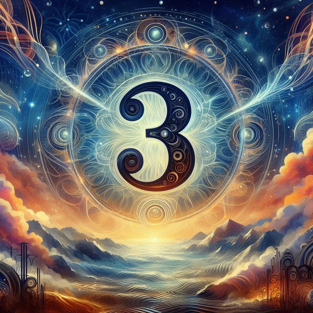 Numerology Website with FREE Accurate Calculator! A stunning, mystical illustration featuring the number 3 prominently in the center. The number is surrounded by intricate, glowing patterns and designs, reminiscent of celestial and mandala art. The background depicts a breathtaking landscape with majestic mountains and a tranquil sea, bathed in the warm colors of a sunset or sunrise. Image used for the article life path number 3.