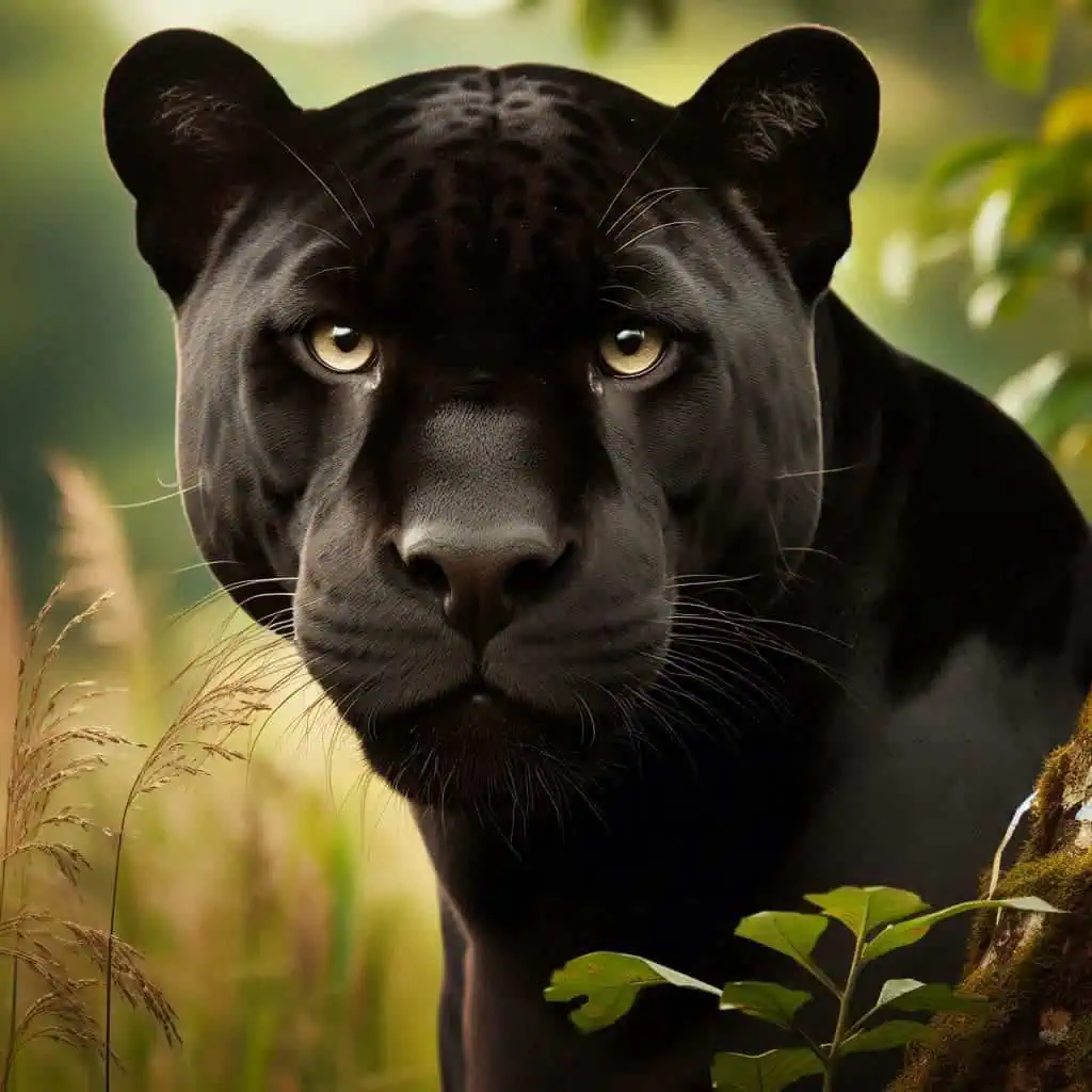 A close-up portrait of a black jaguar, showcasing its intense, mesmerizing eyes and sleek, dark fur with faint rosette patterns. The background features lush greenery, adding a natural and serene ambiance to the image. The jaguar's focused gaze and detailed facial features highlight its majestic and powerful presence.






