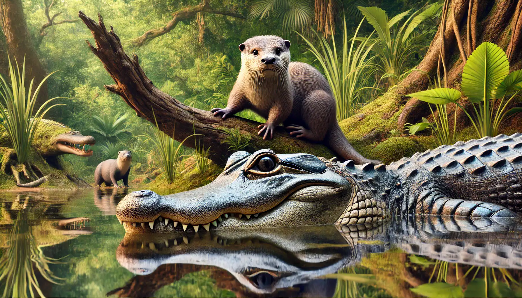 Close-up image of a large alligator partially submerged in the water stares ahead, its rough scales and powerful jaws on display. Perched on the alligator’s back is a curious otter, looking alert. In the background, another alligator lurks near the water's edge, while a second otter stands on a mossy patch, blending into the lush, green environment. The scene is rich with various tropical plants, creating a dense and lively atmosphere. Image used for the article Spirit Animal for January Based on Western Zodiacs.