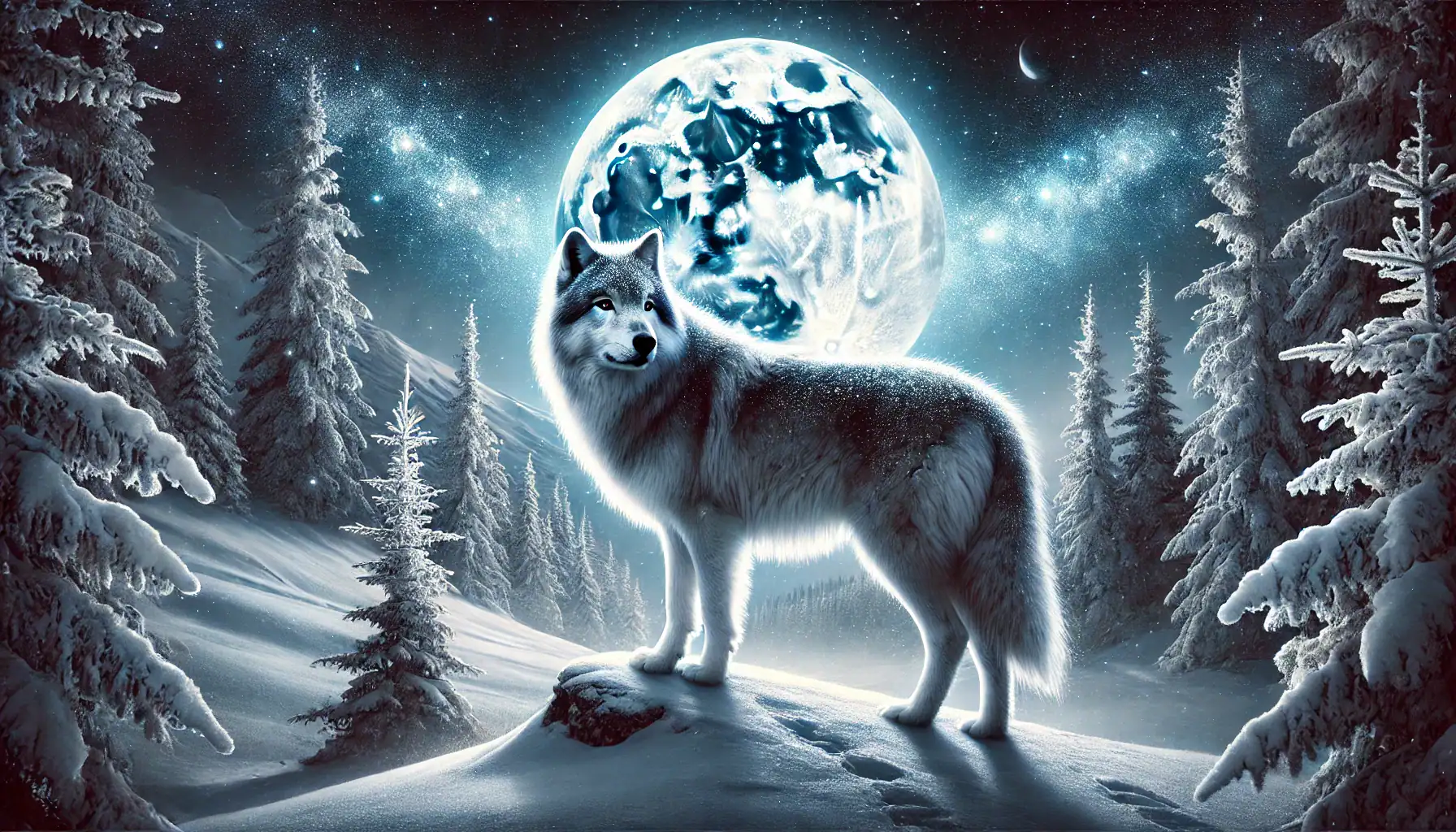 Image of a wolf standing on a snowy landscape at night, with a full moon and its light illuminating the scene. The moon is large and prominent in the background, casting a blue glow over the snow-covered trees surrounding the wolf. The wolf’s fur appears luminous under the moonlight, adding to the mystical atmosphere of this winter scene. Image used for the article spirit animal for February.