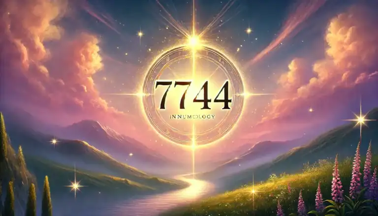 Close-up image of angel number '7744' illuminated in soft golden light, surrounded by a celestial aura in an ethereal landscape. The background features a serene sky transitioning from pink to purple hues at dusk, with distant mountains bathed in warm light and a peaceful river flowing through a valley. Sparkles and rays of light add a divine, magical atmosphere. Image used for the article 7744 Angel number.