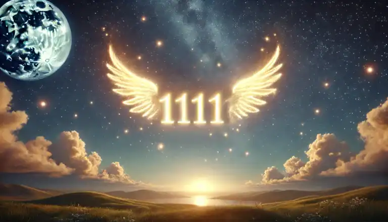 Close-up image of angel number 1111 floats in a peaceful night sky. The numbers radiate a soft golden light with a slight ethereal glow, while in the background, rolling hills and a starry sky create a calm landscape. Gentle clouds reflect the light of a full moon, contributing to the mystical and spiritual ambiance. The overall scene feels serene and uplifting, with a focus on the angel number as a symbol of divine guidance. Image used for the article Angel Number 11111.