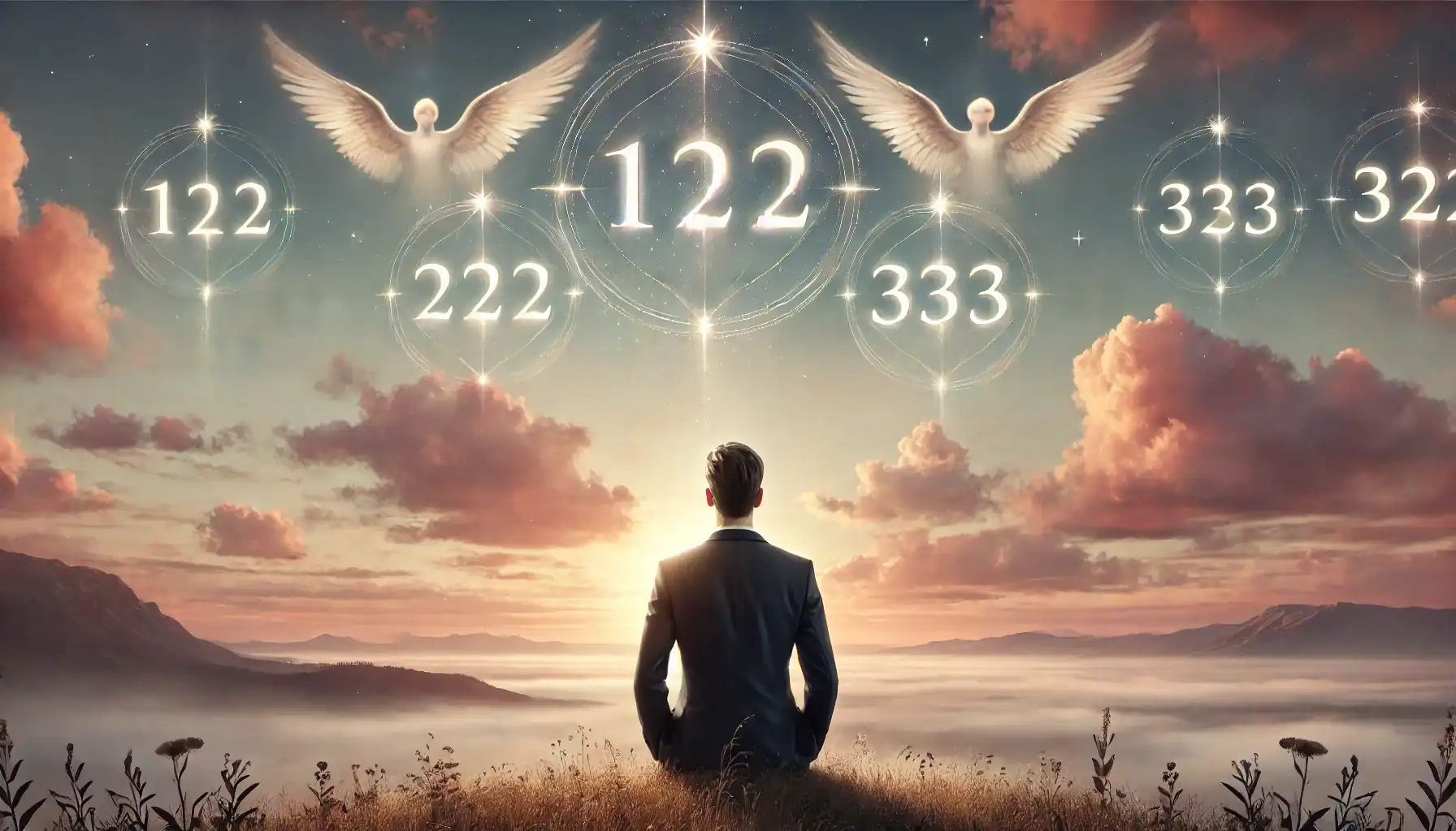 Image of a person in a suit sitting on a grassy hill at sunrise, gazing at a sky filled with angel numbers—122, 222, 333—glowing softly among clouds. Two angels with outspread wings hover above, framing the scene and adding a sense of divine presence. The soft pink and golden tones of the sky enhance the tranquil and mystical atmosphere, creating a feeling of contemplation and connection with the universe.
