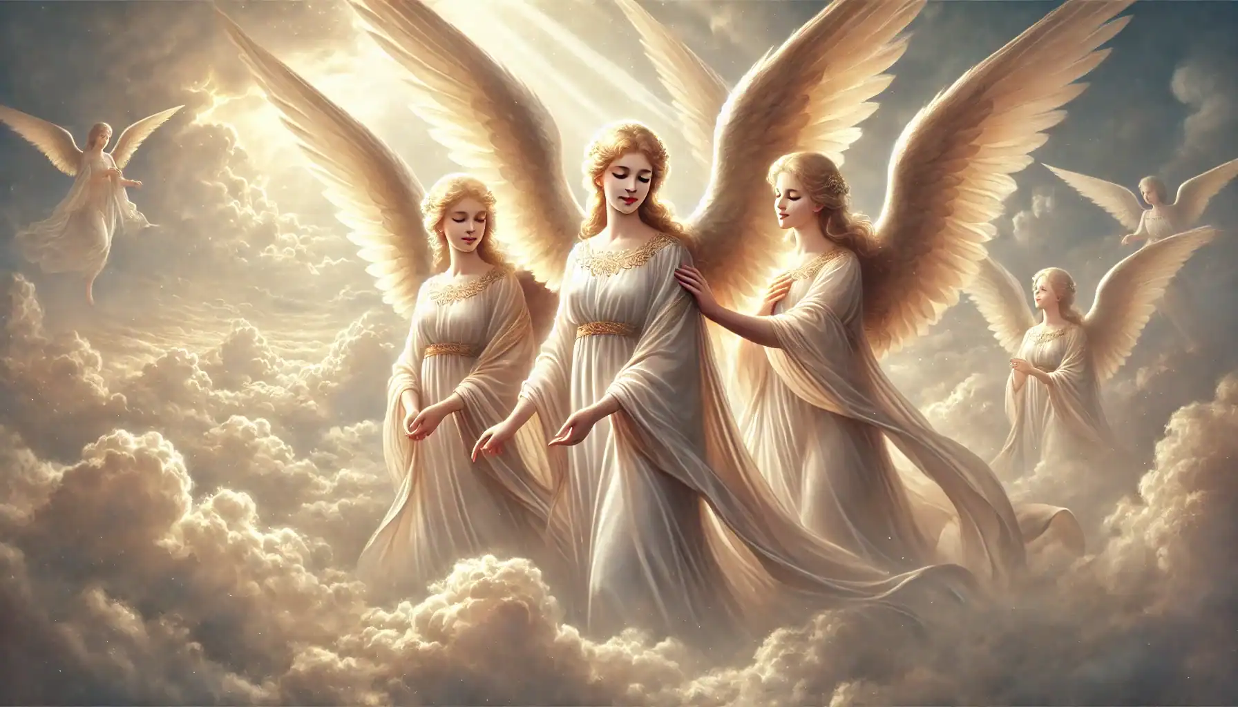 Image of angels in a soft, ethereal landscape. Three central angels, dressed in flowing white robes with golden accents, stand gracefully among clouds, with light streaming down around them. Their wings are large, luminous, and gently outspread, adding to the heavenly atmosphere. Additional angels can be seen in the background, enhancing the peaceful, divine scene. The overall mood is calm and celestial, with warm lighting casting a golden glow over the scene. Image used for the article i keep seeing angel numbers but nothing is happening