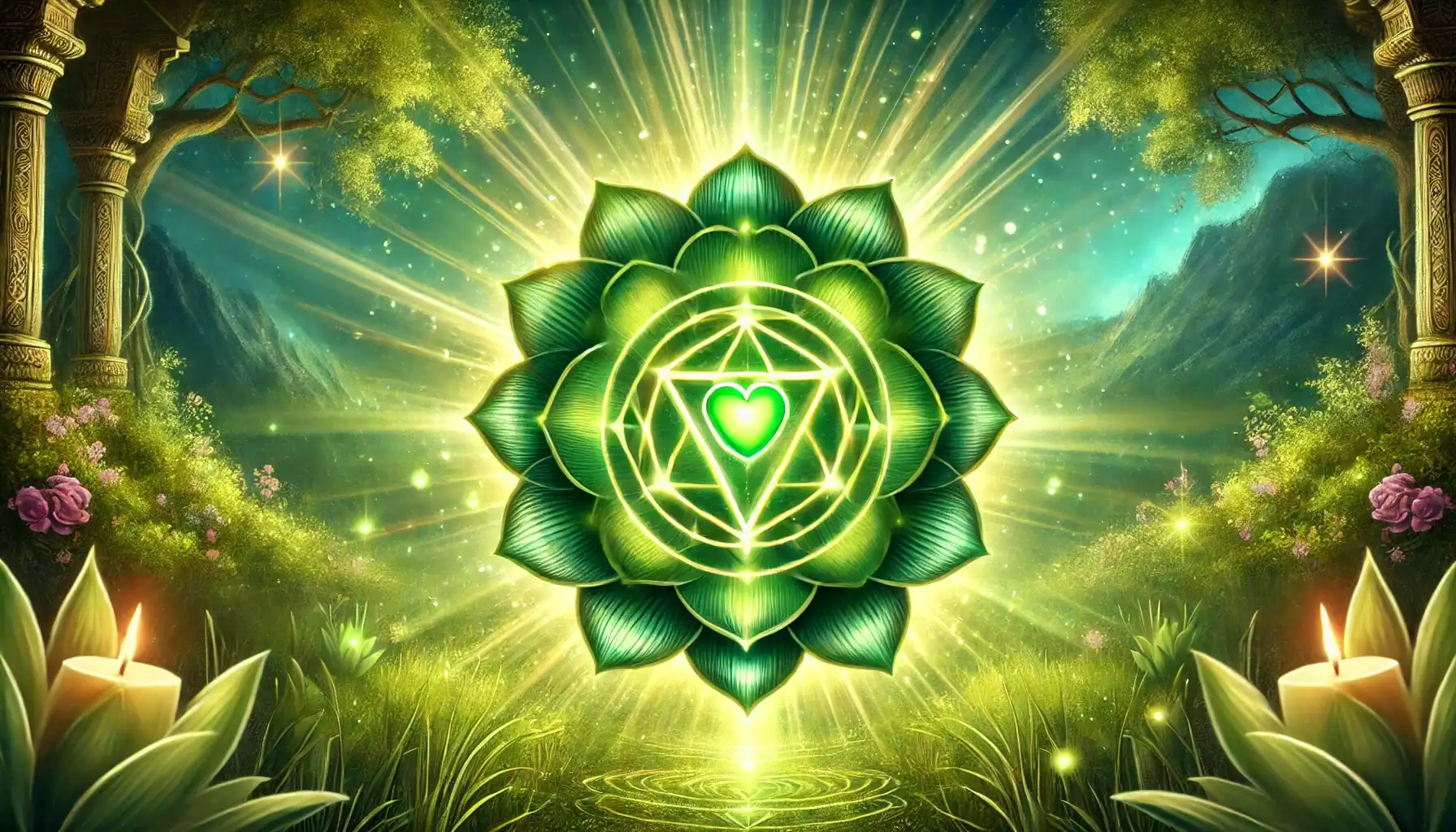 Image of a green chakra symbol representing the heart chakra (Anahata), glowing radiantly in the center. The image features a luminous green lotus with 12 petals surrounding two interlocking triangles. The background is a serene mix of soft greenery and ethereal light beams, creating a mystical and peaceful. Image used for the article Green chakra.