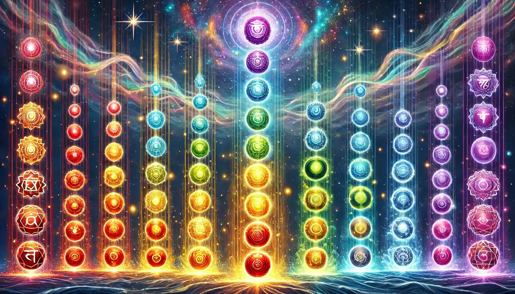 Image of the 12 chakra system arranged vertically. Each chakra is represented as a luminous orb, progressing from red at the bottom for the root chakra, through orange, yellow, green, blue, indigo, and violet, to higher chakras in white, gold, and a crystalline rainbow. Image used for the article 12 chakra system.