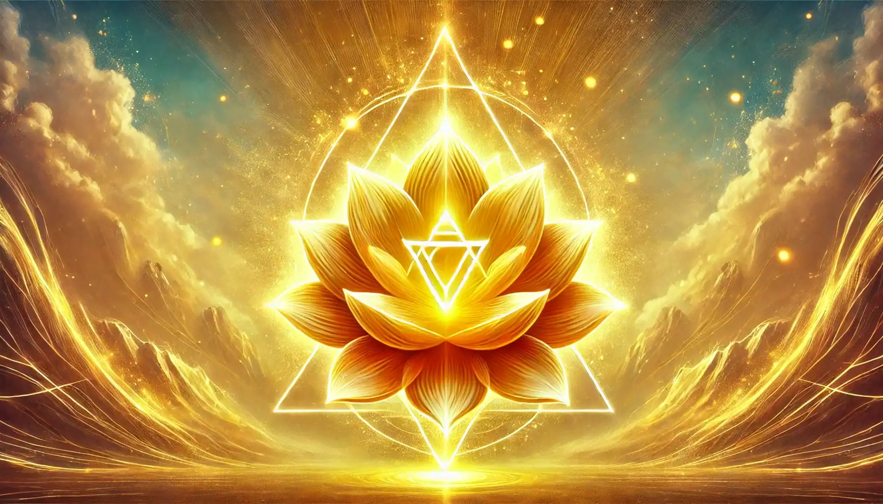The 12 Chakra System - A Complete Guide Image of the Solar Plexus Chakra (Manipura) in yellow tones, featuring a glowing ten-petaled lotus flower with a downward-pointing triangle at the center, set against a soft, radiant, abstract background. The design symbolizes energy, confidence, and inner strength.