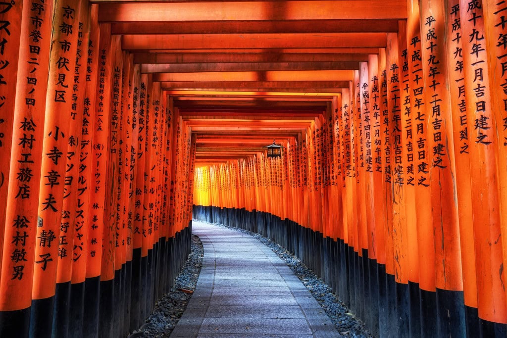 Historical Sites in Kyoto (Guide Insight Kyoto's Landmarks) The image depicts the famous torii gate pathway at Fushimi Inari Shrine in Kyoto, Japan, with rows of vibrant red-orange gates inscribed with Japanese characters. The path winds gently through the gates, creating a mesmerizing, tunnel-like effect that symbolizes the journey through this historic Shinto shrine. This iconic scene is a celebrated historical site in Kyoto, attracting visitors for its cultural and spiritual significance.